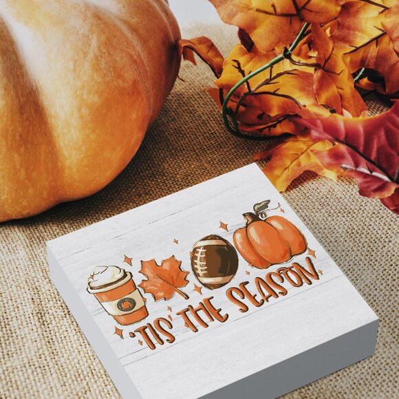 Rustic Tis' the Season" Pumpkin Wood Sign - Farmhouse Fall Decor, 5x5 Inch Block - Picture 3 of 6
